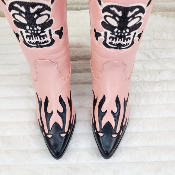 Ghost Rider Embroidered Skull & Bones Pink Cowboy Western Cowgirl Boots New - Picture 9 of 12